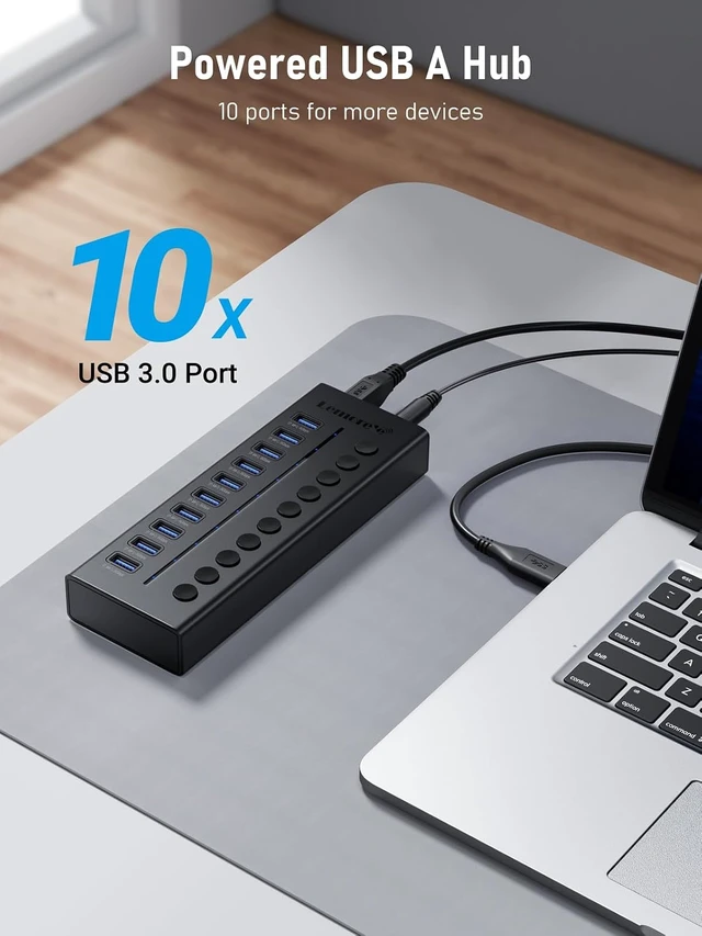 Alt view image 5 of 7 - Lemorele 10 Port USB 3.0 Powered Hub, 10x USB-A 5Gbps Data Ports