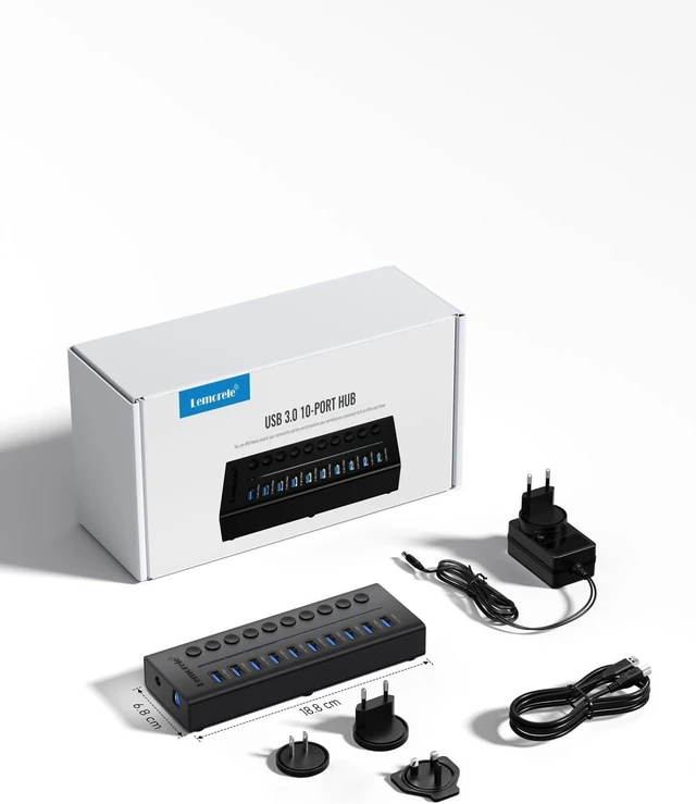 Alt view image 7 of 7 - Lemorele 10 Port USB 3.0 Powered Hub, 10x USB-A 5Gbps Data Ports