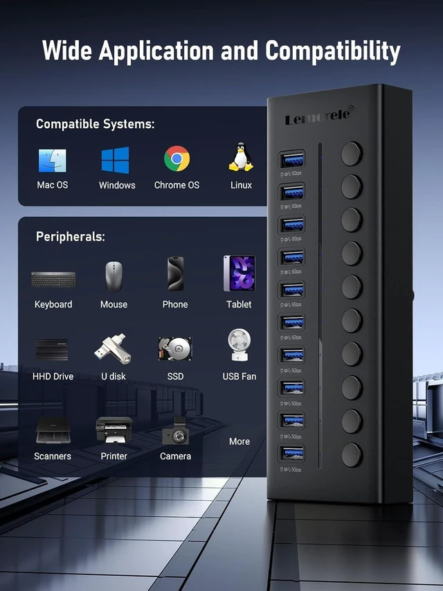 Alt view image 6 of 7 - Lemorele 10 Port USB 3.0 Powered Hub, 10x USB-A 5Gbps Data Ports