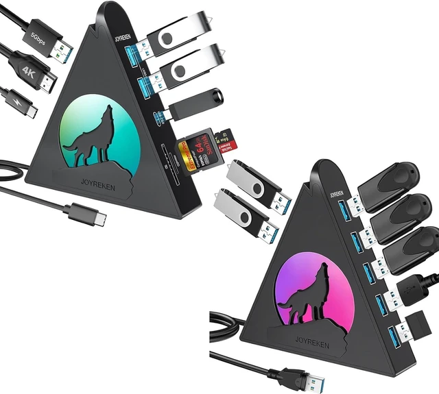 Main image of Black Wolf 8-in-1 USB-C Hub & 7-Port USB 3.0 Hub, Type C Hub with RGB Lighting, 4K HDMI, PD 100W, USB A/USB C 3.0, SD/TF Slots, Vertical Design for MacBook, iMac, PC, Mac Mini