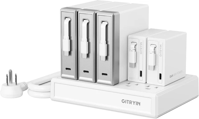 Main image of Gitryin Laptop Charging Station, 3 * 140W, 2 * 65W Retractable USB C Chargers, 10 Type C Ports with Cooling Power Strip, 550W Charging Hub