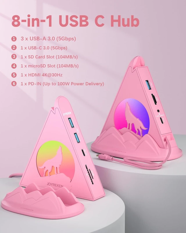 Alt view image 2 of 7 - Pink Wolf 8-in-1 USB-C Hub with Base-Stand, 4K HDMI, PD 100W, 5Gbps USB-C, 3 USB-A Ports, SD/TF Card Slots + Pink FlyingV 4-Port USB-A 3.0 Hub for PC, iMac, MacBook, Mac mini