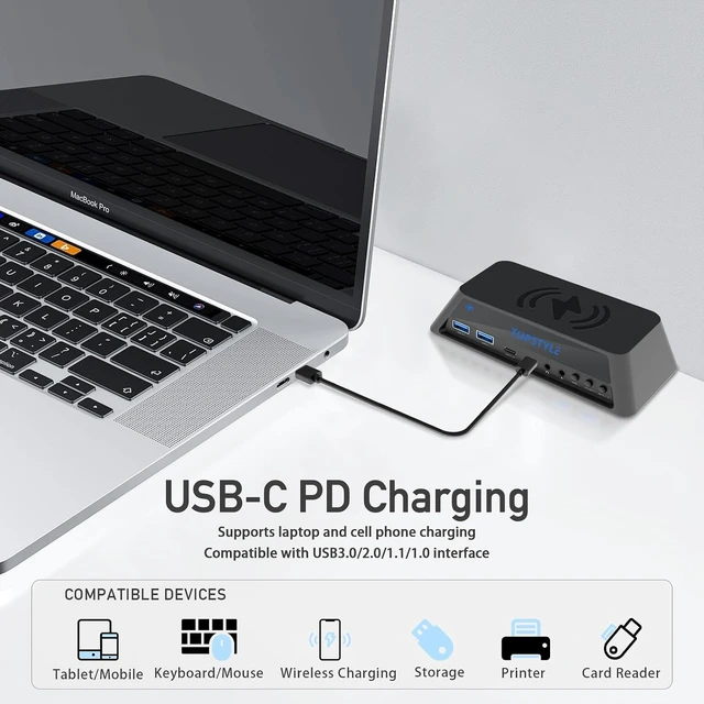 Alt view image 2 of 7 - 16-in-1 Multifunction USB-C Hub Docking Station with Wireless Charging, Dual 4K HDMI, USB3.0, Type-C PD, ARGB Light, Audio/Mic, for Laptops, Tablets, Phones, Keyboards, Mice & Printers