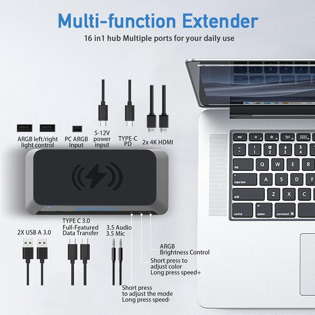 Alt view image 3 of 7 - 16-in-1 Multifunction USB-C Hub Docking Station with Wireless Charging, Dual 4K HDMI, USB3.0, Type-C PD, ARGB Light, Audio/Mic, for Laptops, Tablets, Phones, Keyboards, Mice & Printers