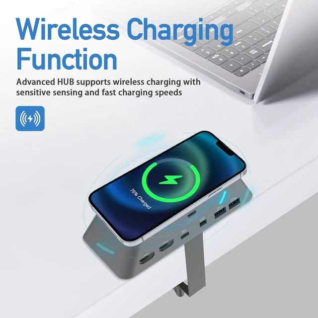 Alt view image 4 of 7 - 16-in-1 Multifunction USB-C Hub Docking Station with Wireless Charging, Dual 4K HDMI, USB3.0, Type-C PD, ARGB Light, Audio/Mic, for Laptops, Tablets, Phones, Keyboards, Mice & Printers
