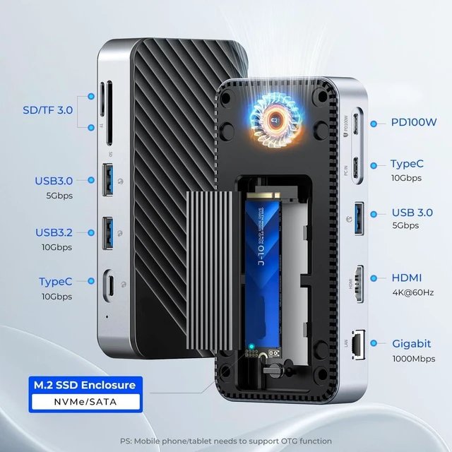Alt view image 2 of 4 - USB C Hub with Cooling Fan M 2 NVMe SATA SSD Enclosure External 10Gbps 4K 60Hz HDMI Com RJ45 SD TF Docking Station