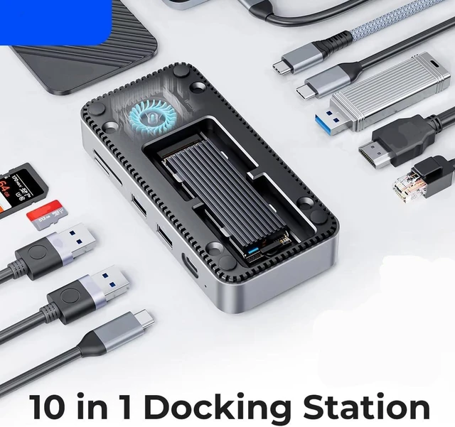 Alt view image 3 of 4 - USB C Hub with Cooling Fan M 2 NVMe SATA SSD Enclosure External 10Gbps 4K 60Hz HDMI Com RJ45 SD TF Docking Station