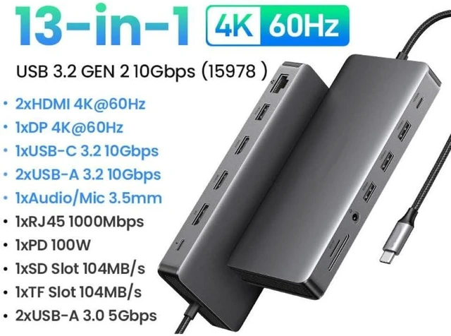 Alt view image 2 of 3 - USB Hub Compatible with Laptop 13-in-1 Triple Display Type-C to 4K60Hz DP 2xHDMI RJ45 SD TF 3.5mm 10Gbps Data Ports