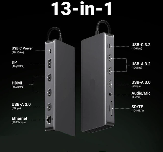Alt view image 3 of 3 - USB Hub Compatible with Laptop 13-in-1 Triple Display Type-C to 4K60Hz DP 2xHDMI RJ45 SD TF 3.5mm 10Gbps Data Ports