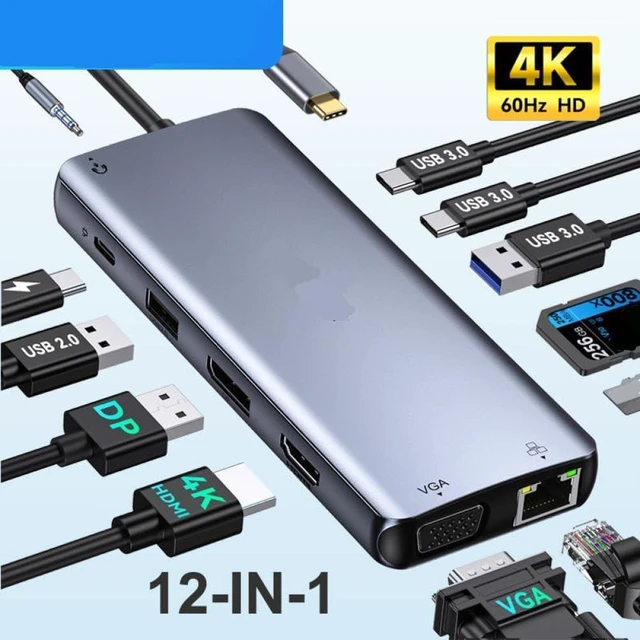 Alt view image 2 of 3 - USB C Hub Type C to 4K60Hz HDMI Docking Station Triple Display 3 USB 3 0 VGA PD100W RJ45 SD TF Compatible with Laptop