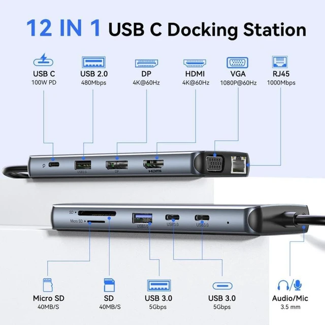Alt view image 3 of 3 - USB C Hub Type C to 4K60Hz HDMI Docking Station Triple Display 3 USB 3 0 VGA PD100W RJ45 SD TF Compatible with Laptop