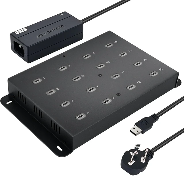 Main image of 16-Port Industrial USB 3.0 Type-C Test Station, 5Gbps High-Speed Hub for PSSD/SSD Testing, 1.6kg Heavy-Duty Metal Chassis, Supports RDT/Bit Aging & 5V-12V Wide Voltage Input