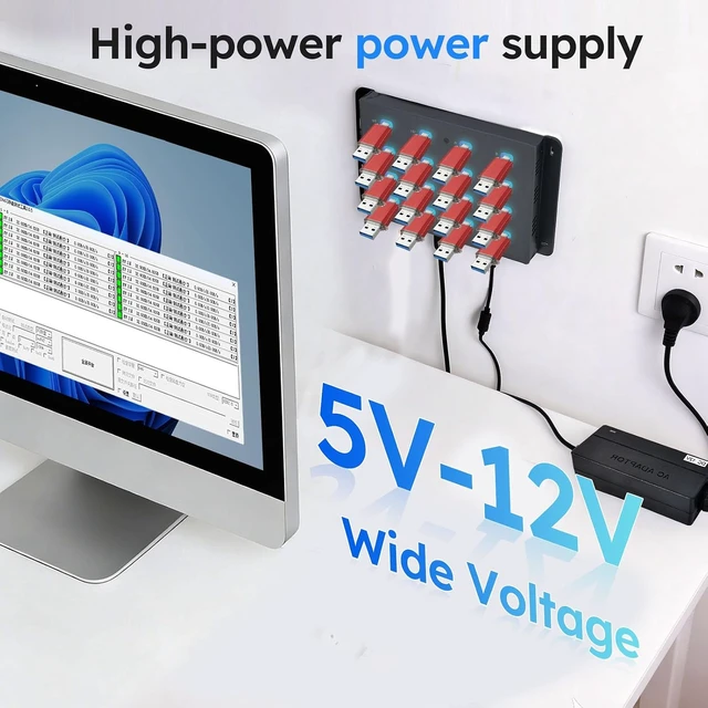 Alt view image 6 of 7 - 16-Port Industrial USB 3.0 Type-C Test Station, 5Gbps High-Speed Hub for PSSD/SSD Testing, 1.6kg Heavy-Duty Metal Chassis, Supports RDT/Bit Aging & 5V-12V Wide Voltage Input