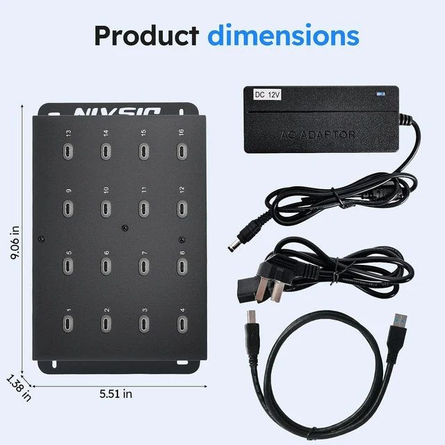 Alt view image 7 of 7 - 16-Port Industrial USB 3.0 Type-C Test Station, 5Gbps High-Speed Hub for PSSD/SSD Testing, 1.6kg Heavy-Duty Metal Chassis, Supports RDT/Bit Aging & 5V-12V Wide Voltage Input