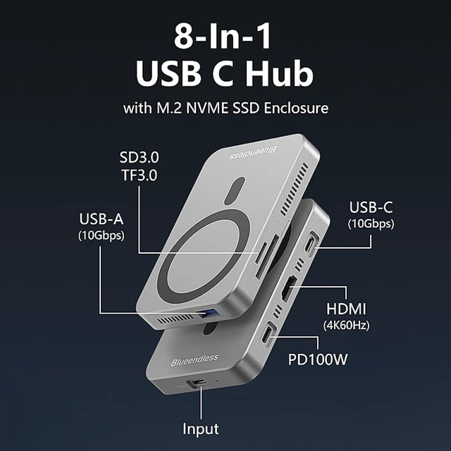 Alt view image 3 of 7 - Multifunctional Magnetic Docking Station with M.2 NVMe SSD Enclosure, 10Gbps USB C Hub, SD/TF Card Reader, 100W PD Charging Magnetic Hard Drive Enclosure
