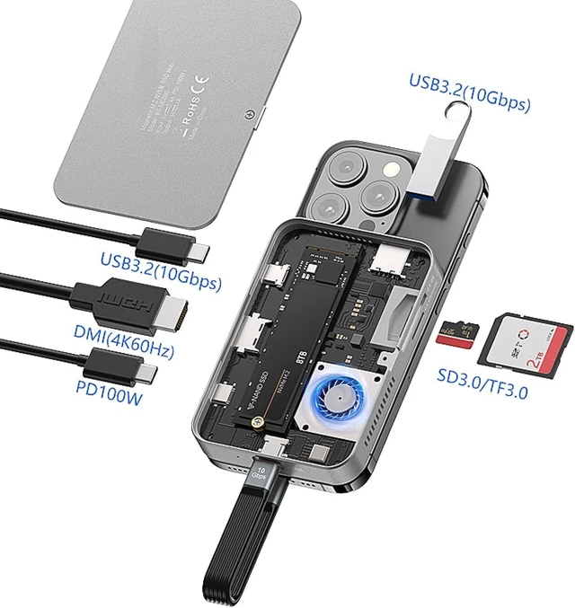 Alt view image 7 of 7 - Multifunctional Magnetic Docking Station with M.2 NVMe SSD Enclosure, 10Gbps USB C Hub, SD/TF Card Reader, 100W PD Charging Magnetic Hard Drive Enclosure