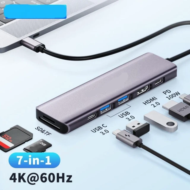 Alt view image 3 of 4 - 7 in 1 USB Hub Docking Station USB C Hub HDMI 4K 60Hz USB 3.0 Adapter PD 100W Charge Compatible with Pro Laptop