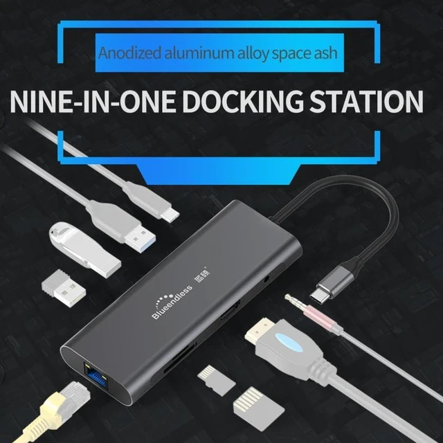 Alt view image 2 of 6 - 9 in 1 USB C Hub Adapter Docking Station with 1000Mbps Ethernet LAN Port 35mm Aux 3X USB 30 TF SD Card Reader Compatible with Laptops Tablets and USB C Devices