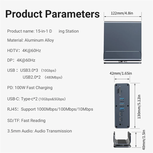 Alt view image 3 of 3 - 15 in 1 USB-C Docking Station 4K HD Vertical Hub with Triple Monitor,RJ45 1000M,USB 3.0/2.0,PD .,SD/TF,Audio .5 for Mac Pro