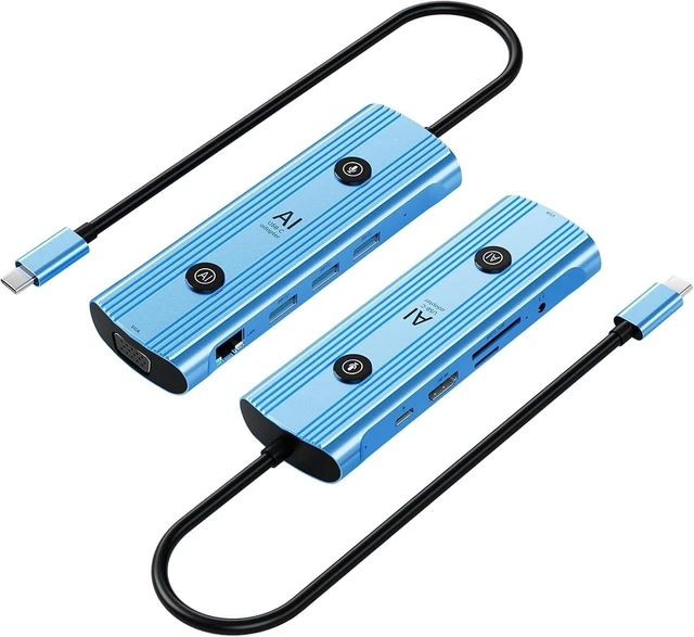 Main image of AI USB C Hub 12-in-1, Aluminum Blue Hub with GPT Voice Input, 100W HDMI 4K VGA, USB 3.0, Card Reader for MacBook, HP, Dell, 0.48x0.15x0.06 Inches