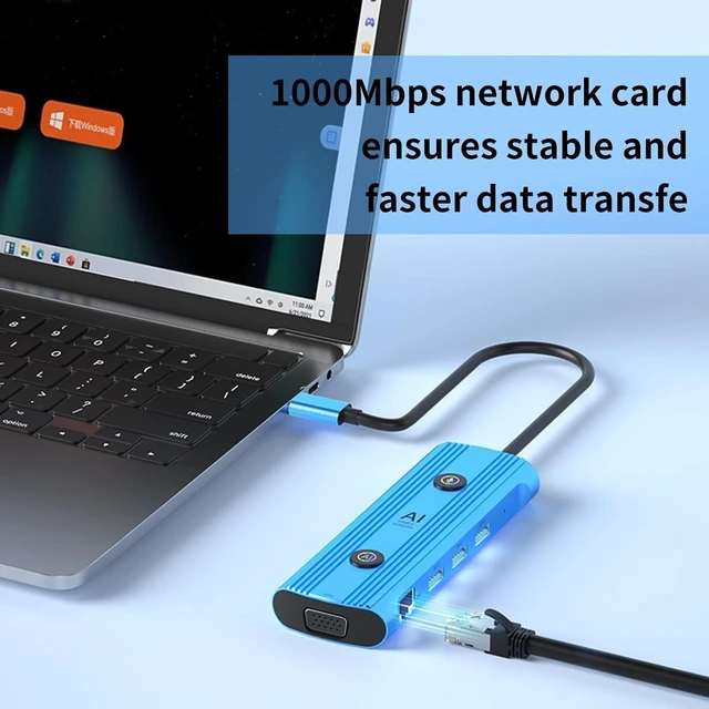 Alt view image 2 of 6 - AI USB C Hub 12-in-1, Aluminum Blue Hub with GPT Voice Input, 100W HDMI 4K VGA, USB 3.0, Card Reader for MacBook, HP, Dell, 0.48x0.15x0.06 Inches