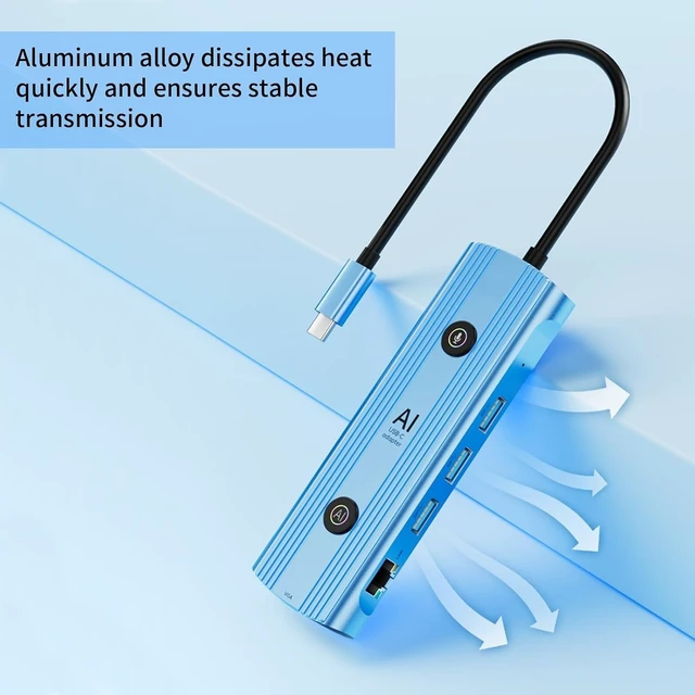Alt view image 4 of 6 - AI USB C Hub 12-in-1, Aluminum Blue Hub with GPT Voice Input, 100W HDMI 4K VGA, USB 3.0, Card Reader for MacBook, HP, Dell, 0.48x0.15x0.06 Inches