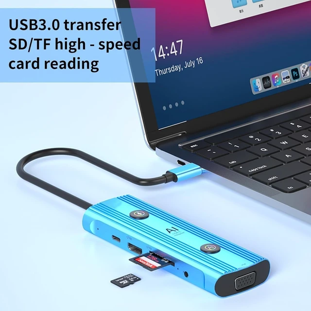 Alt view image 3 of 6 - AI USB C Hub 12-in-1, Aluminum Blue Hub with GPT Voice Input, 100W HDMI 4K VGA, USB 3.0, Card Reader for MacBook, HP, Dell, 0.48x0.15x0.06 Inches