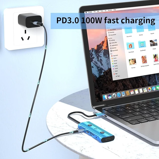 Alt view image 5 of 6 - AI USB C Hub 12-in-1, Aluminum Blue Hub with GPT Voice Input, 100W HDMI 4K VGA, USB 3.0, Card Reader for MacBook, HP, Dell, 0.48x0.15x0.06 Inches