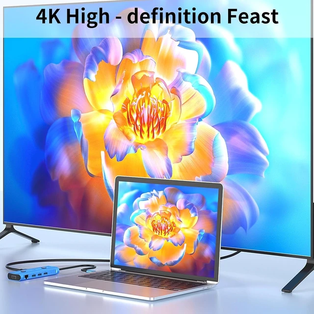 Alt view image 6 of 6 - AI USB C Hub 12-in-1, Aluminum Blue Hub with GPT Voice Input, 100W HDMI 4K VGA, USB 3.0, Card Reader for MacBook, HP, Dell, 0.48x0.15x0.06 Inches
