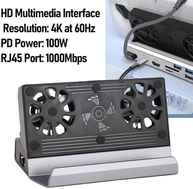 Alt view image 7 of 7 - CCYLEZ 9 IN 1 USB C Docking Station with Dual Cooling Fans 4K 1000Mbps Ethernet 100W PD Charging for ROG Ally Gaming Console Aluminum Alloy