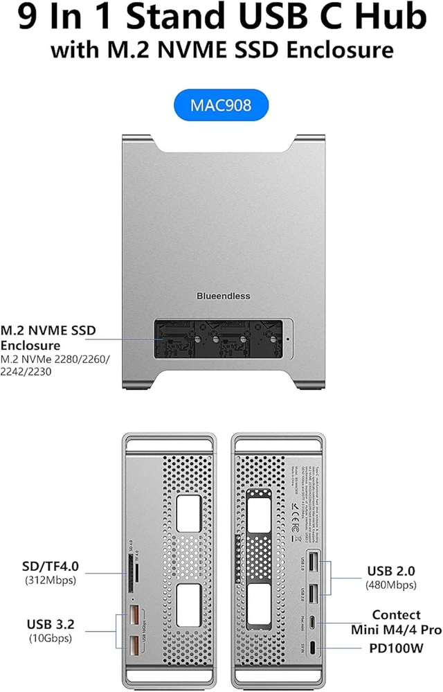 Alt view image 7 of 7 - USB C Hub Stand with M.2 NVME SSD Slot Enclosure for Mac mini M4/M4 Pro, Stand Type-C Docking Station SSD Case HDMI USB3.2 Gen2 SD4.0 TF4.0 (MAC908)