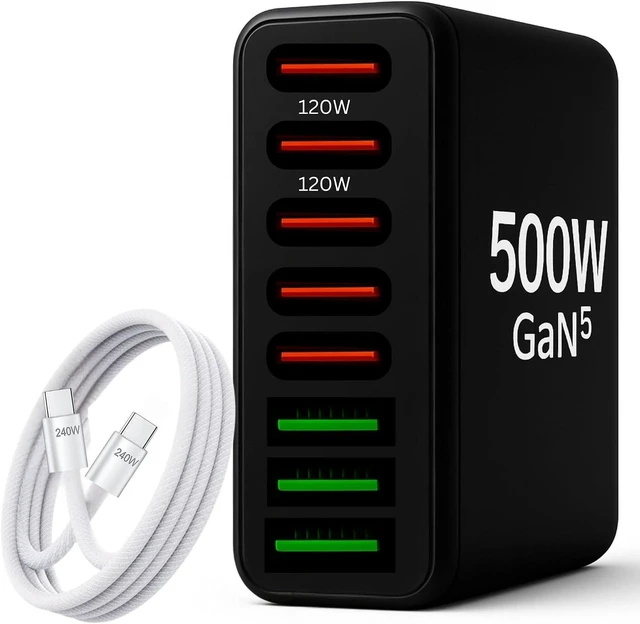 Main image of RediTech Go 500W GaN Fast Charger 8-Port USB Charging Hub (5 USB-C + 3 USB-A) for Laptops, Tablets & Phones Includes Free 240W Cable