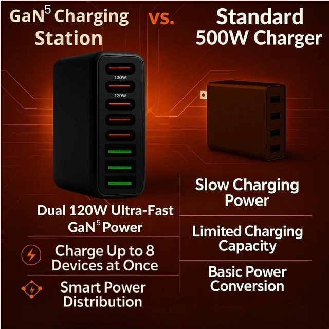 Alt view image 2 of 7 - RediTech Go 500W GaN Fast Charger 8-Port USB Charging Hub (5 USB-C + 3 USB-A) for Laptops, Tablets & Phones Includes Free 240W Cable