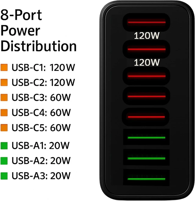 Alt view image 3 of 7 - RediTech Go 500W GaN Fast Charger 8-Port USB Charging Hub (5 USB-C + 3 USB-A) for Laptops, Tablets & Phones Includes Free 240W Cable