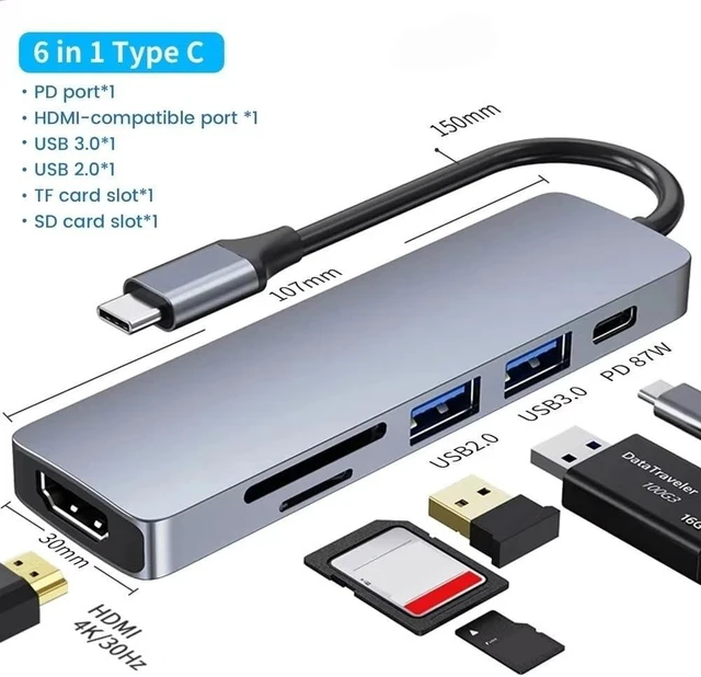 Alt view image 3 of 3 - USB C Docking Station HDMI-Compatible 100M RJ45 SD TF Card Reader Type C PD Hub(7 in 1)