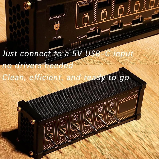 Alt view image 6 of 7 - 6 Ports USB C Splitter, 6 Port USB Docking Station, Voice Control Function, 9 USB Convenient Input Ports, Data Transmission and Button Switch for Phones, Tablets, and Gadgets
