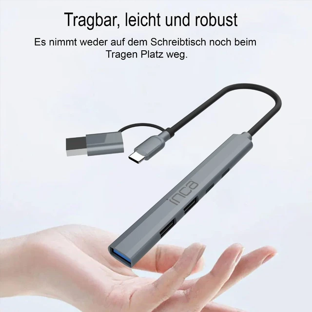 Alt view image 2 of 7 - inca USB hub IUTP-06TX, USB 3.0 with 5 Gbps + 2 x USB 2.0 + Type-C + PD 100 W USB splitter for MacBook, PC, laptop, Dell, Thinkpad, Chromebook, aluminium housing