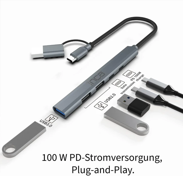 Alt view image 3 of 7 - inca USB hub IUTP-06TX, USB 3.0 with 5 Gbps + 2 x USB 2.0 + Type-C + PD 100 W USB splitter for MacBook, PC, laptop, Dell, Thinkpad, Chromebook, aluminium housing
