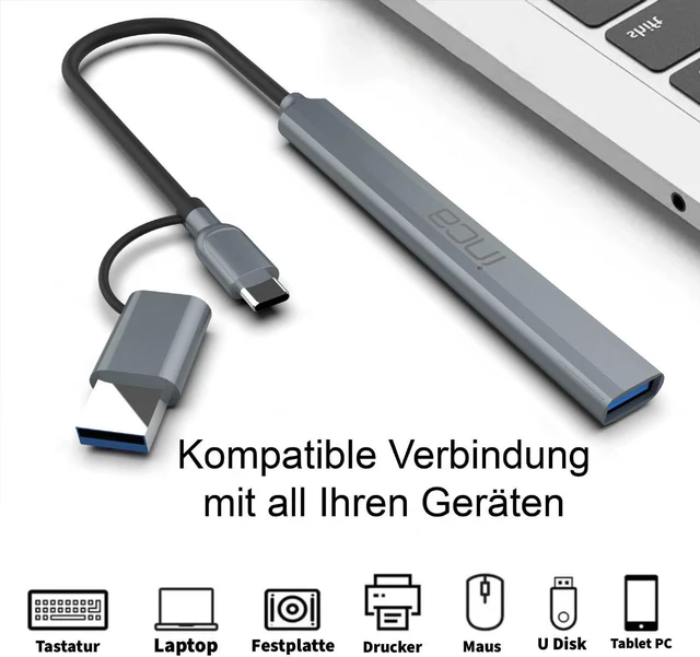 Alt view image 6 of 7 - inca USB hub IUTP-06TX, USB 3.0 with 5 Gbps + 2 x USB 2.0 + Type-C + PD 100 W USB splitter for MacBook, PC, laptop, Dell, Thinkpad, Chromebook, aluminium housing