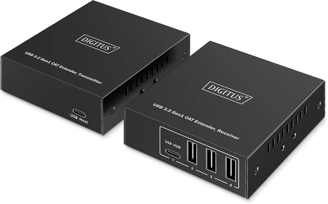 Main image of DIGITUS USB 3.2 Gen1 Extender over Ethernet 4-Port USB Hub 3x Type A, 1x Type C 100m Range with Cat 6 Network Cable 5Gbps Black