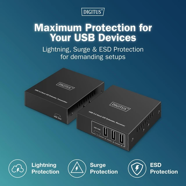 Alt view image 5 of 7 - DIGITUS USB 3.2 Gen1 Extender over Ethernet 4-Port USB Hub 3x Type A, 1x Type C 100m Range with Cat 6 Network Cable 5Gbps Black