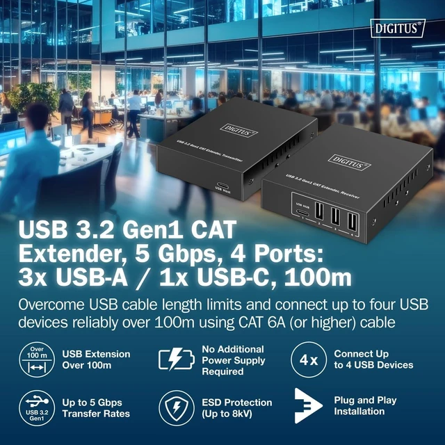 Alt view image 2 of 7 - DIGITUS USB 3.2 Gen1 Extender over Ethernet 4-Port USB Hub 3x Type A, 1x Type C 100m Range with Cat 6 Network Cable 5Gbps Black