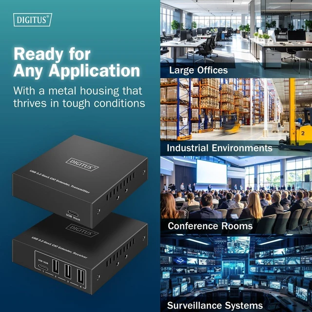 Alt view image 7 of 7 - DIGITUS USB 3.2 Gen1 Extender over Ethernet 4-Port USB Hub 3x Type A, 1x Type C 100m Range with Cat 6 Network Cable 5Gbps Black