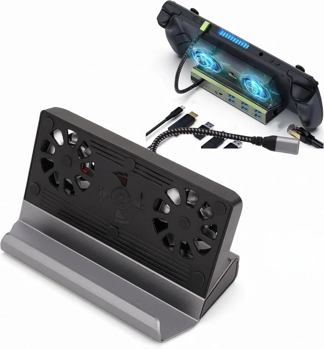 Main image of USB C Docking Station for Steam Deck 9 in 1 Hub with Dual Fans Cooling Stand 4K at 60Hz 2.0 1000Mbps Ethernet 100W PD Fit for ROG Ally Game Console