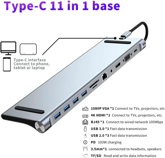 Alt view image 2 of 6 - C Hub 14 in 1 C Adapter with 4K VGA USB-C Thunderbolt 3 Gigabit Ethernet Audio SD/TF for(E)