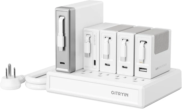 Alt view image 6 of 6 - Gitryin Modular Laptop Charging Station, 140W, 65W, 3 * 40W Retractable Lightning, USB A, USB C Chargers, 1 Lightning, 1 USB A, 8 Type C Ports with Cooling Power Strip, 325W Charging Hub