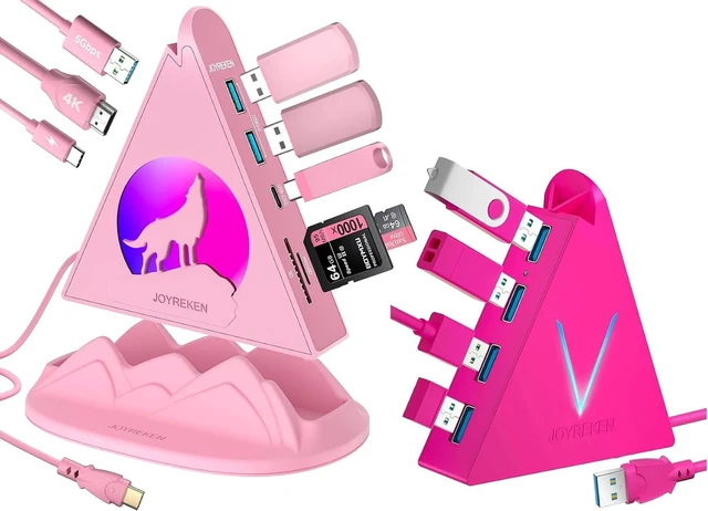 Main image of Pink 8 Port USB C HDMI Hub with Base-Stand & Hot Pink 4-Port USB A 3.0 Hub Bundle RGB Hub for Gaming, for iMac, Mac mini, MacBook, PS5