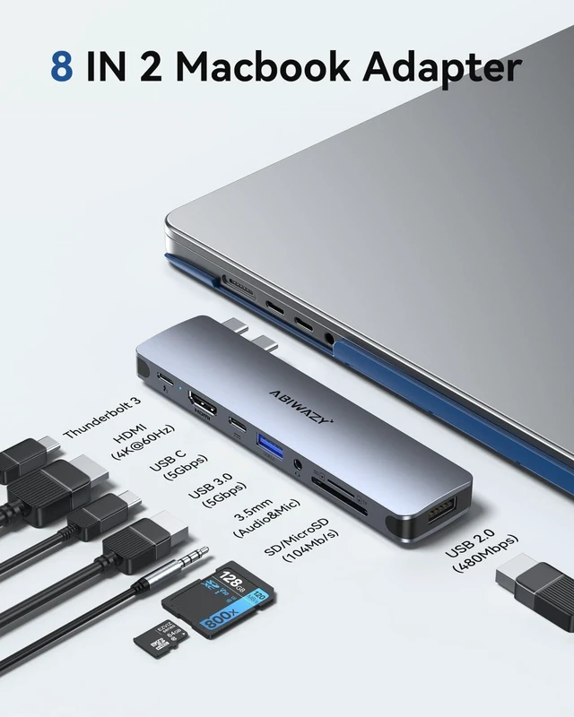 Alt view image 2 of 7 - 8 in 2 USB C Adapter HDMI Multiport Hub for MacBook Pro/Air M1-M3, 13"-16", 2018-2024 & 8 in 2 Mac Accessories Designed for MacBook with Case to 4K@60hz HDMI,Thunderbolt 3 HUB USB C Dock Adapter