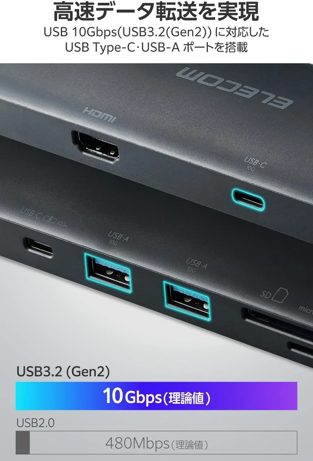 Alt view image 3 of 7 - Elecom DST-W10 8 in 1 PD100W HDMI 4K/60Hz Docking Station USB 10Gbps USB 3.2 (Gen2) Ultra Fast Data Transfer Navy