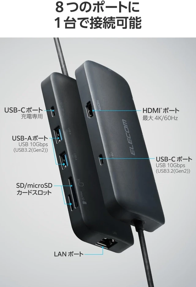 Alt view image 2 of 7 - Elecom DST-W10 8 in 1 PD100W HDMI 4K/60Hz Docking Station USB 10Gbps USB 3.2 (Gen2) Ultra Fast Data Transfer Navy